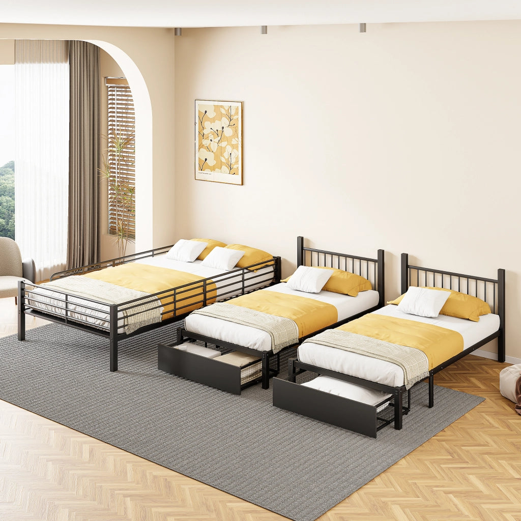 Letto a castello triplo con cassetti metallo nero 140x200 cm