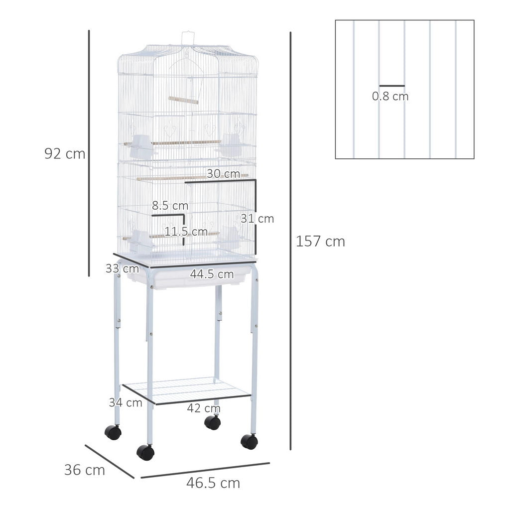 GABBIA PER UCCELLI, VOLIERA IN METALLO E ACCIAIO CON RUOTE, TRESPOLI E CIOTOLE, 46.5X36X157CM - BIANCO