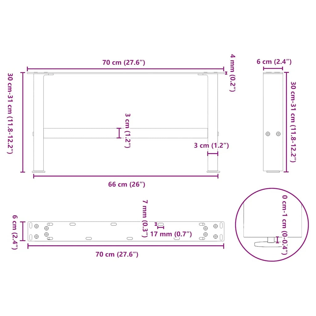 Set di 2 gambe per tavolino da caffè moderne con piedini regolabili 70 x 31 cm acciaio bianco 02_0057509