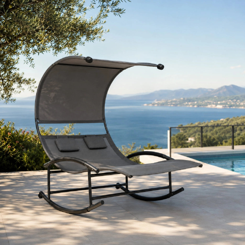 Lettino Due Posti Oscillante Prendisole Con Parasole Incorporato Design Ergonomico In Textilene Traspirante Struttura Acciaio E Cuscini Per Spazi Giardino Piscina Outdoor 140x200x185 Cm Grigio