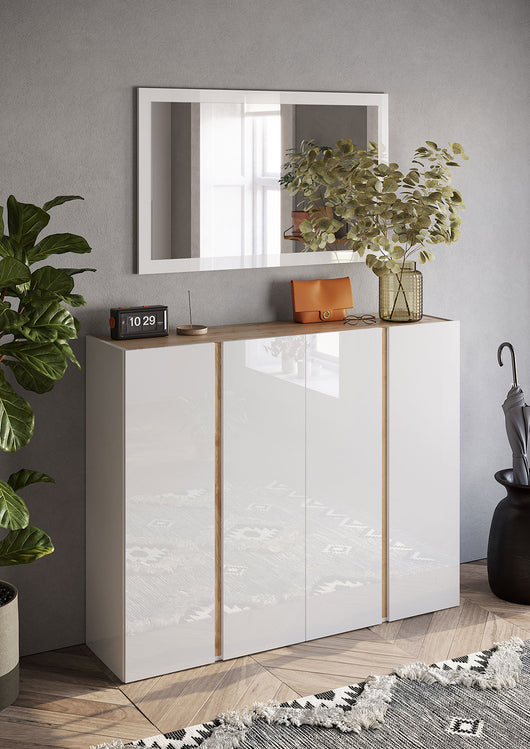 Mobile Multiuso 4 Ante con 10 Ripiani 140x35x111 cm Frame Bianco Lucido e Cadiz