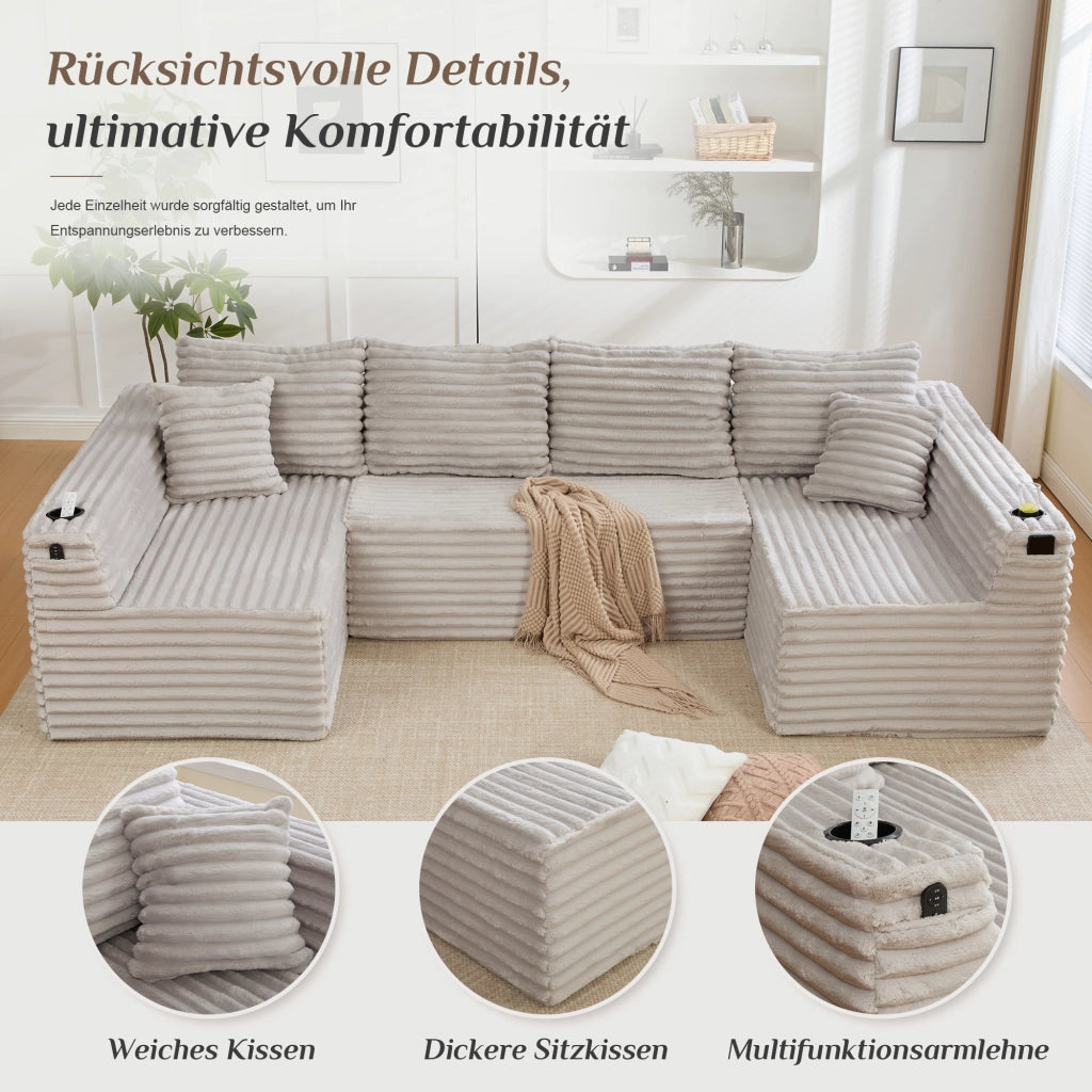 Divano modulare a U in velluto a coste con portabicchieri e tasche laterali, ergonomico, grigio chiaro