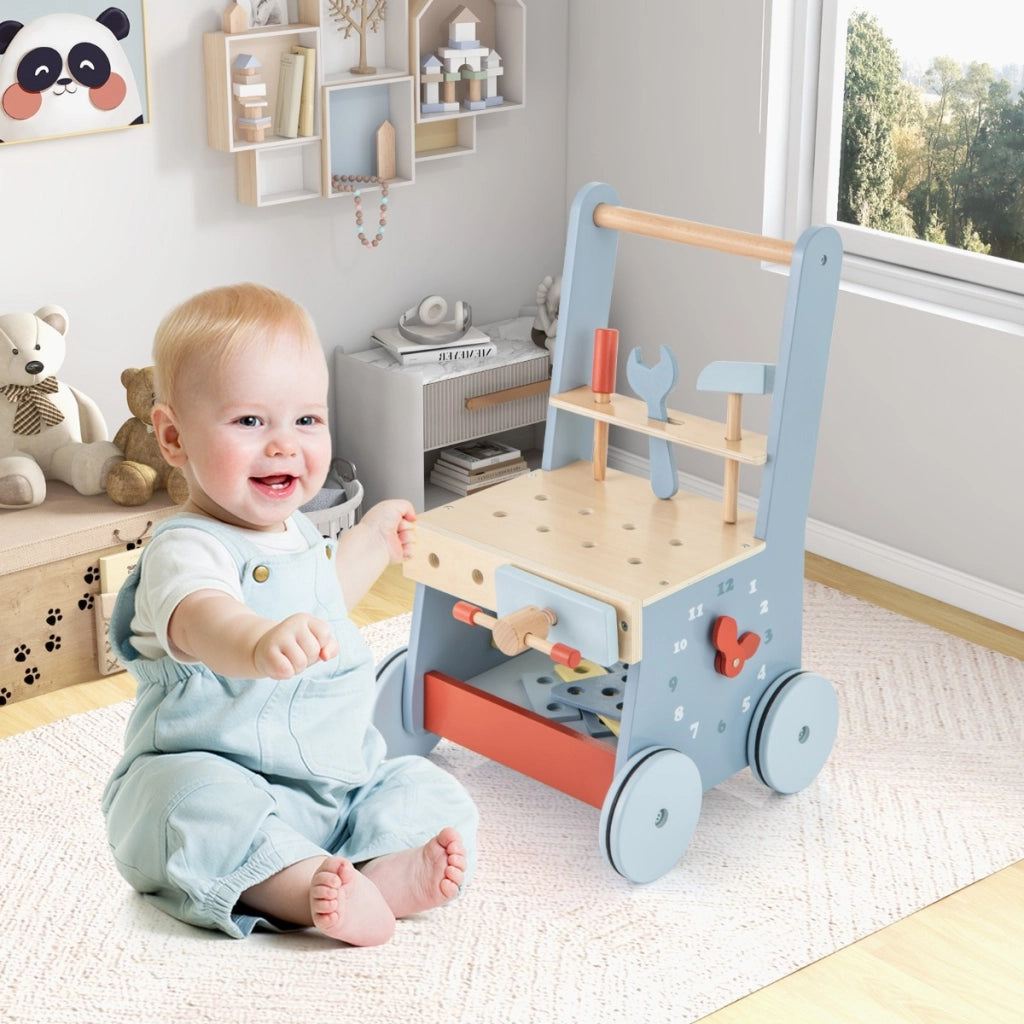 Carrello primi passi per bambini di legno, Camminatore per bambini e giocattoli multifunzione con attrezzi 30x30x47cm-Primi passi