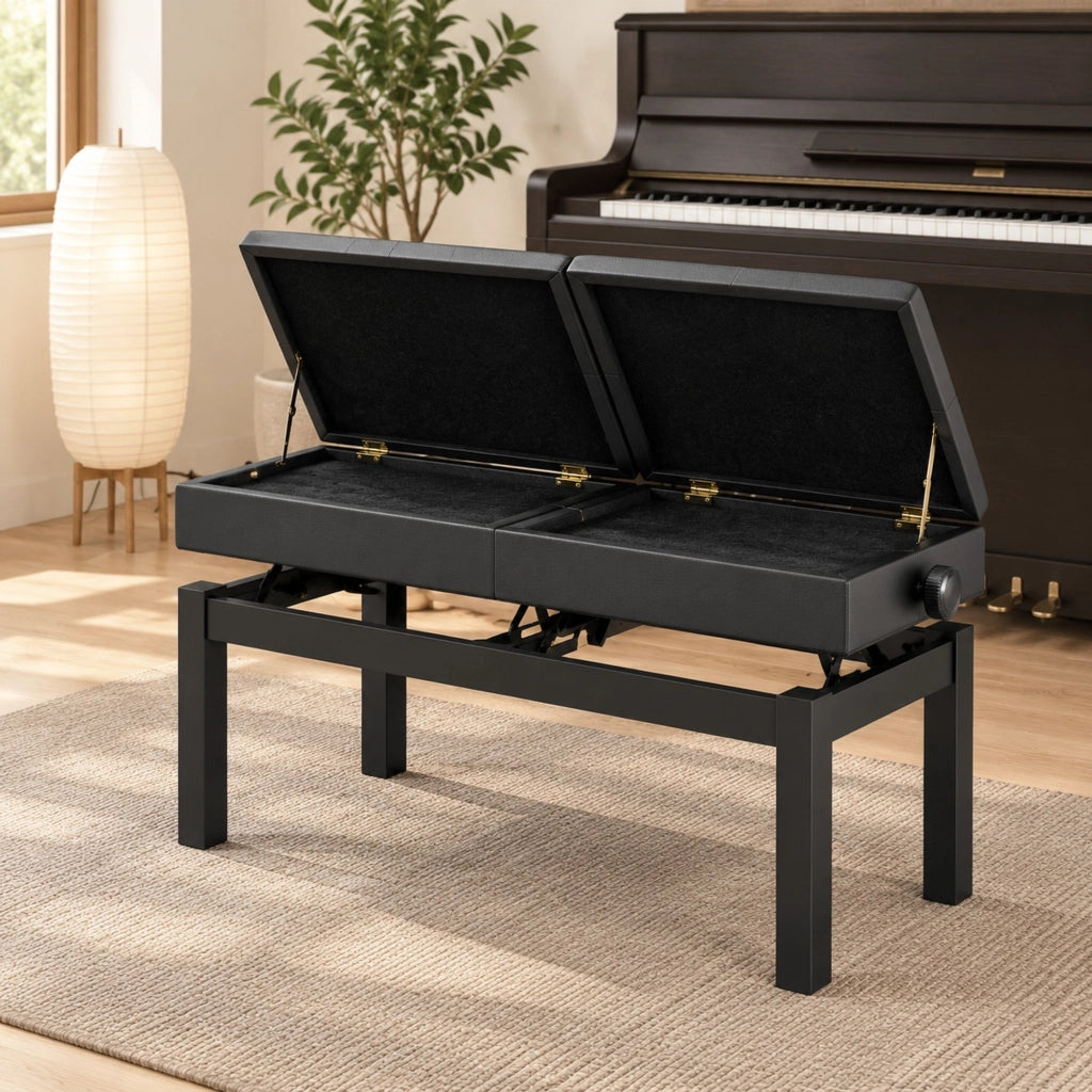 Sgabello da Piano con Contenitore 105x37x48-58 cm， Similpelle Nera