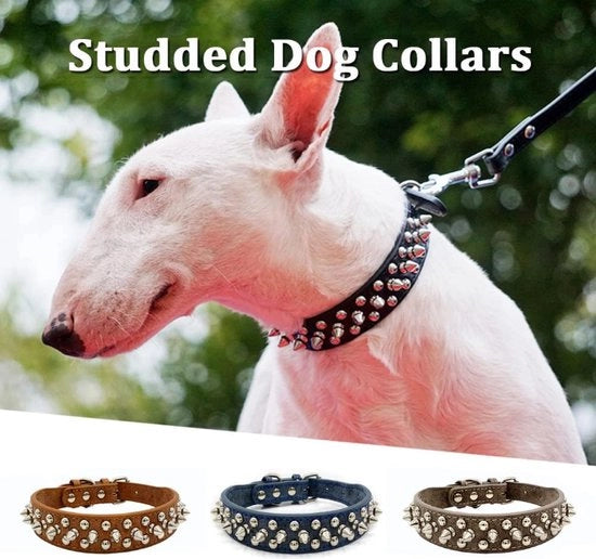 Collare per cani in pelle Anti-beet Spiked Studded Collare per cani adattabile Individualità per Boxer Bulldog Collare per cani da 10-20 cm - Incluso foro per pelle e sacchetto di spazzatura (Grigio, L)