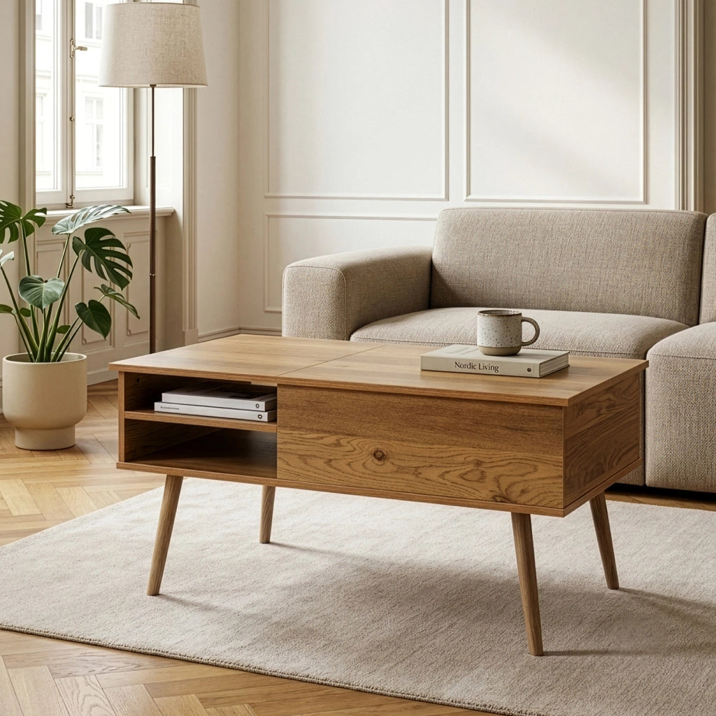 Tavolino da Salotto Vasdabod con Piano Sollevabile e 2 Vani Aperti 96 x 59 x 50 cm - Effetto Rovere [en.casa]