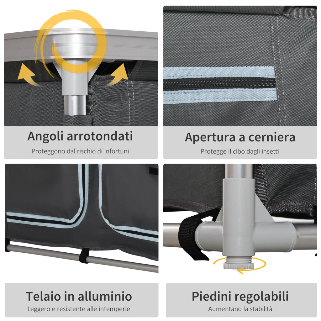 Mobile da Campeggio 3 Mensole 96x49,5x104 cm in Alluminio e Tessuto Oxford Grigio