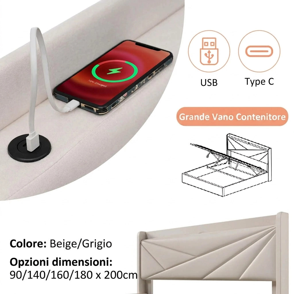 Letto singolo 90x200 con contenitore e prese USB; letto imbottito in lino