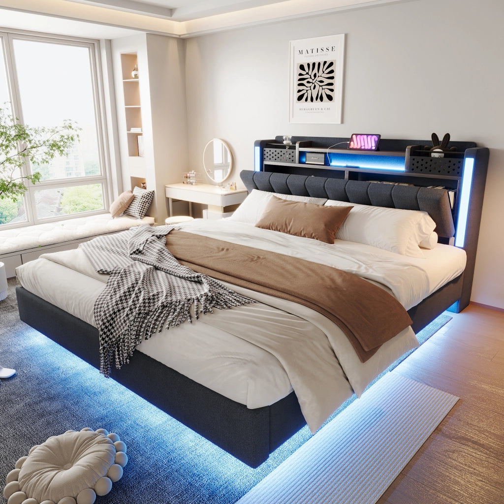 Letto Matrimoniale 160x200 cm con USB; LED e contenitore in testiera - Grigio