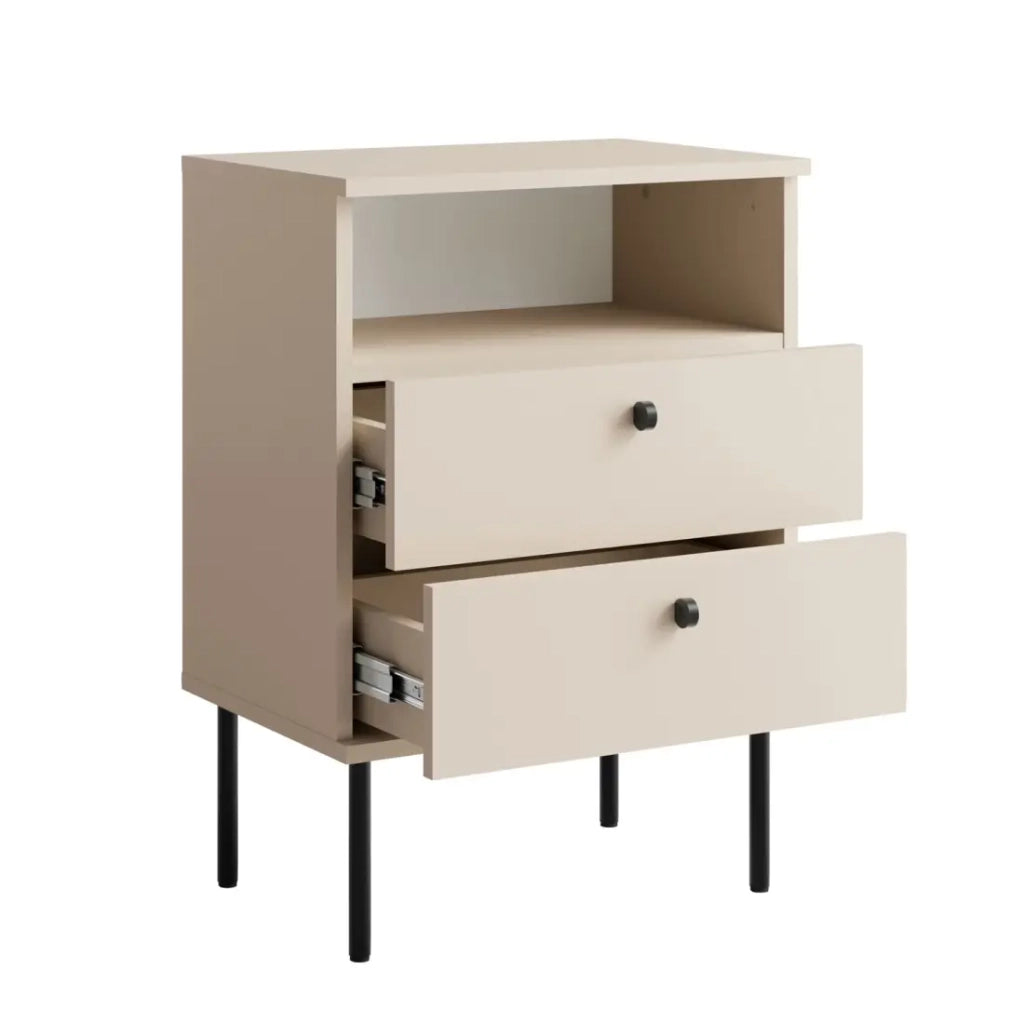 Tavolino da Notte 2 Cassetti con Vanetto – Color beige – Piedi dritti e maniglie nere – Collezione Aurora