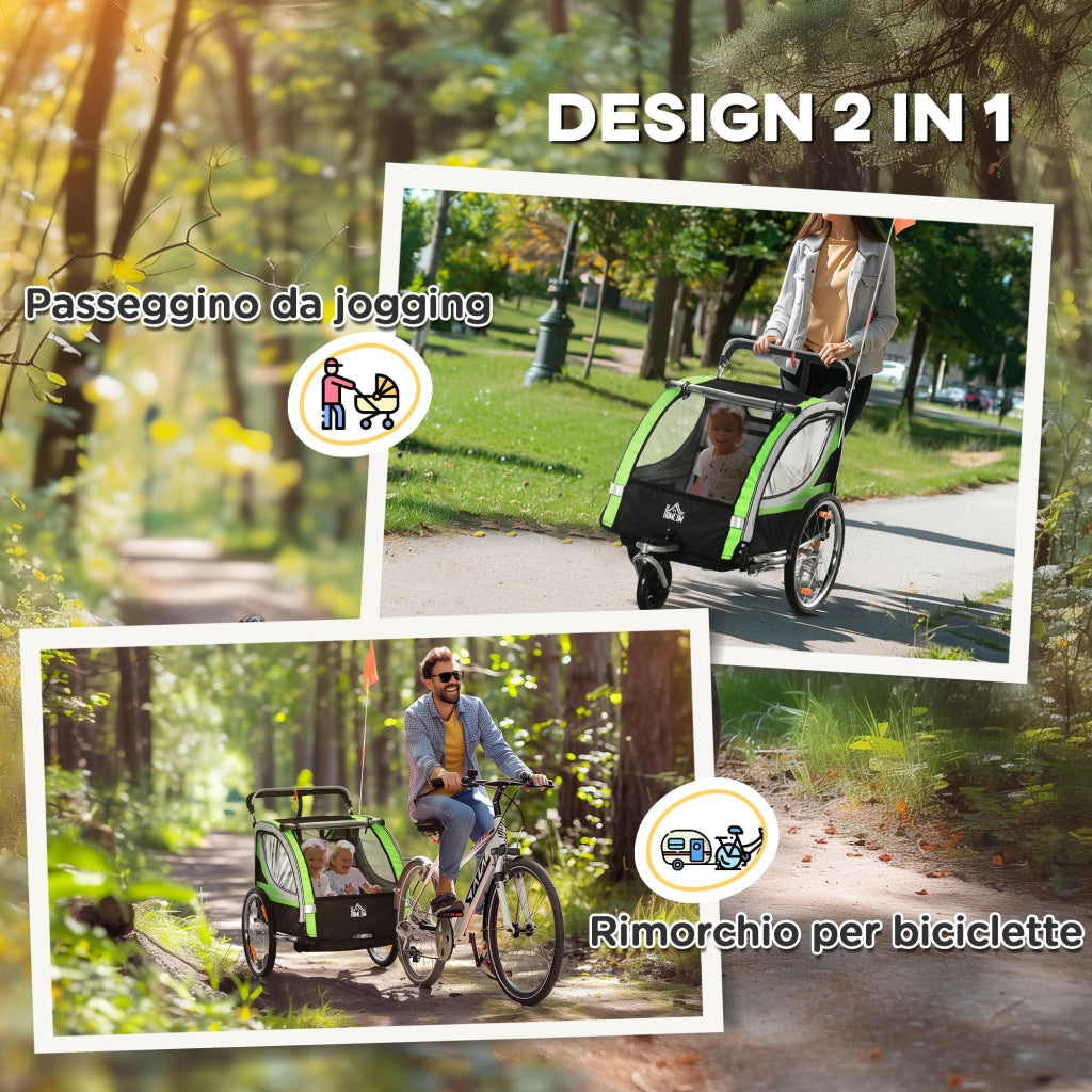 Rimorchio Bici per Bambini e Passeggino 2 in 1 con Cintura Tasche e Bandierina Verde
