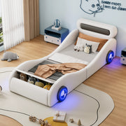 OKWISH Letto Bambino 90×200 cm, Letto Singolo a Forma di Auto con Ruote Luminose, Vano Contenitore, senza Materasso, PU Bianco