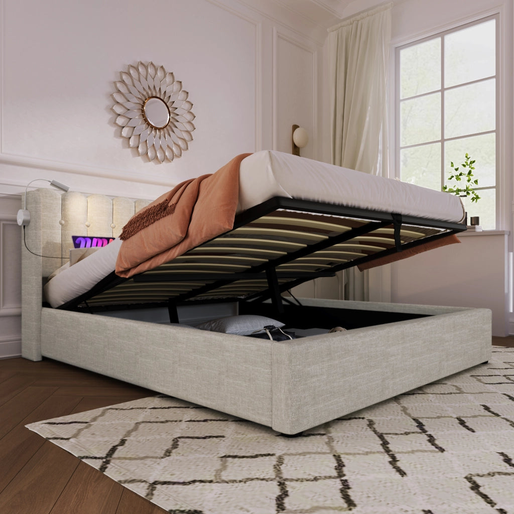 Letto Contenitore 160 x 200 cm; Letto Matrimoniale con USB; Luce da Lettura e Vano; senza Materasso; Naturale
