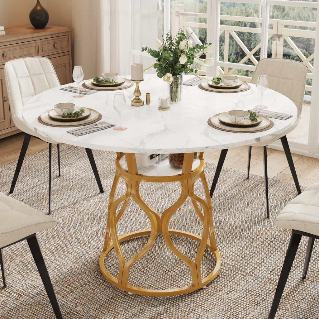 Tavolo da pranzo rotondo 100 x 100 x 75 cm con ripiano; bianco e oro