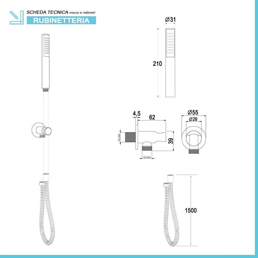 Set doccia miscelatore con deviatore, braccio 35 cm, soffione 20cm e doccino finitura cromo lucido Aurora