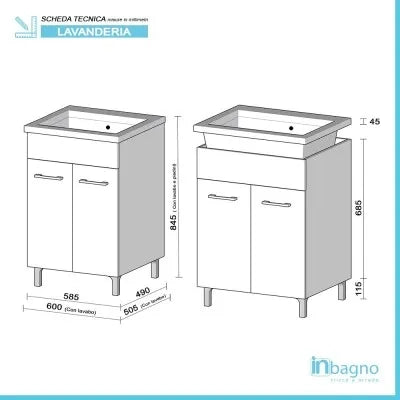 Mobile lavatoio grigio 60x50 cm con vasca e strofinatoio integrato in ceramica