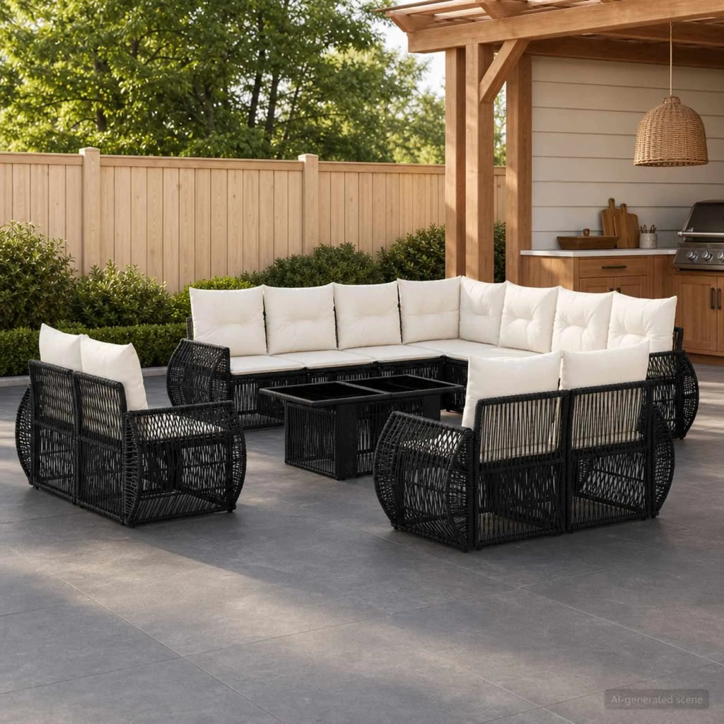 Set Divano da Giardino 12 pz Nero e Bianco Crema polyrattan 3437023