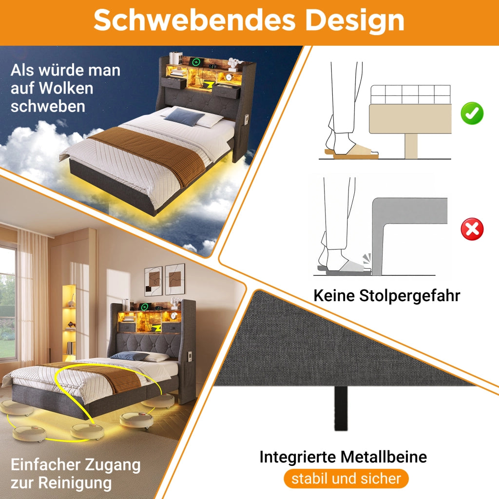 Letto singolo imbottito 90x200 cm con LED, USB e vano testata