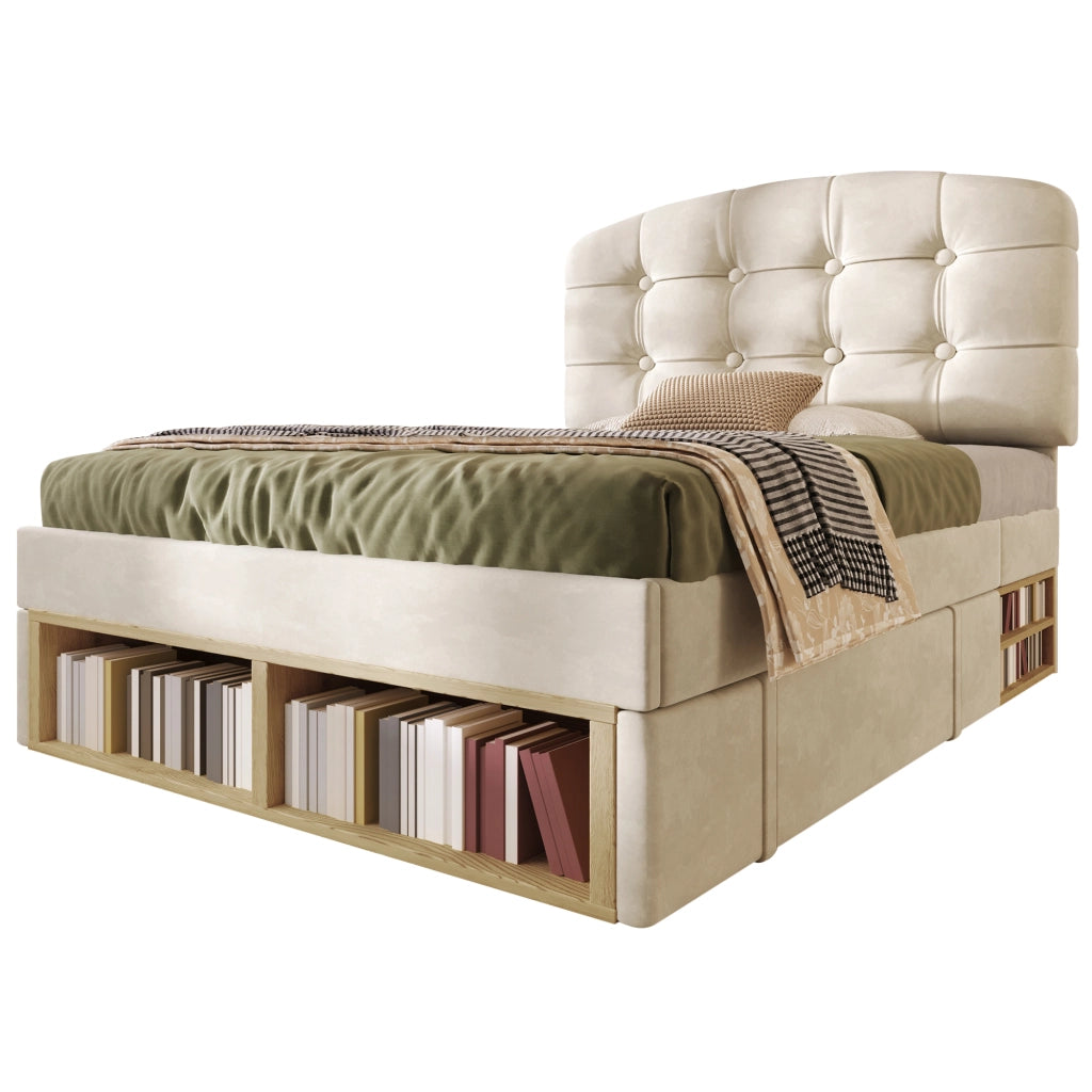 Letto singolo imbottito – 90x200 cm – cassetti contenitore testiera regolabile – velluto beige