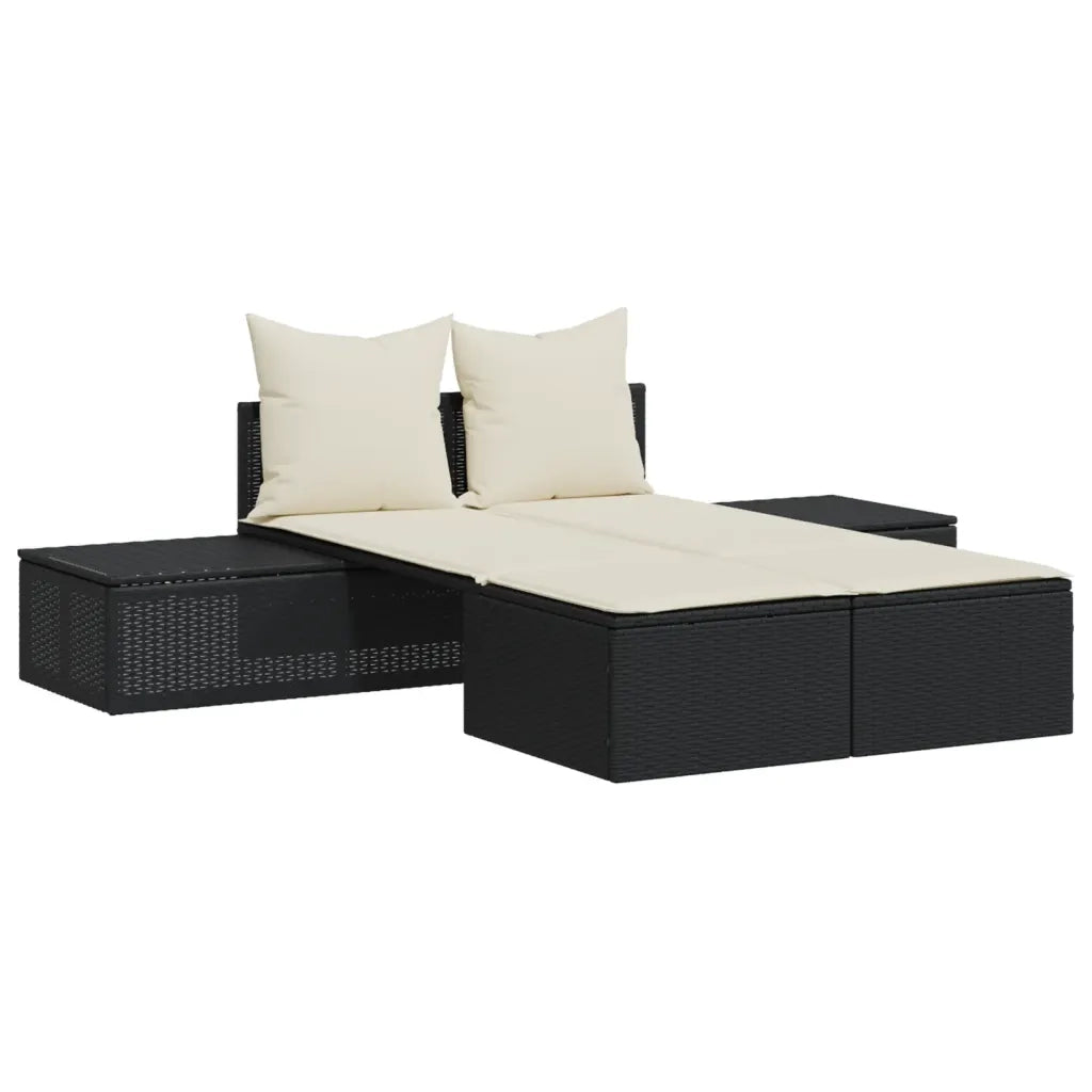 Lettino Prendisole | Sdraio da giardino | Lettino da sole Doppio con Cuscini Nero in Polyrattan