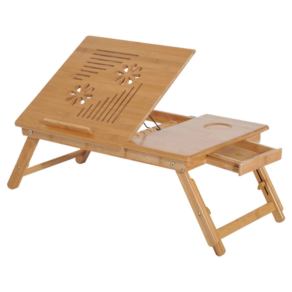 Tavolino da Letto per PC Portatile con Sistema di Raffreddamento in Bambù 55x35x22-30 cm