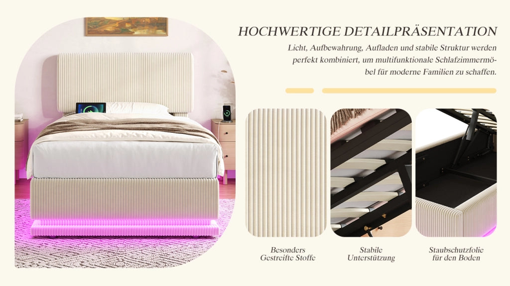 Letto imbottito con LED USB regolabile 90x200 cm velluto a coste beige