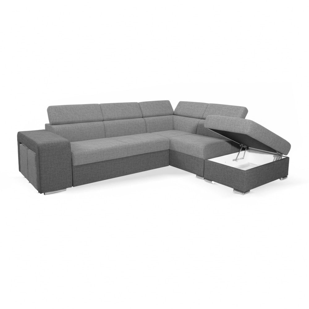 Divano Letto Angolare Sophie con Penisola Destra, 2 Pouf Estraibili e Pouf Contenitore – grigio e Grigio Chiaro