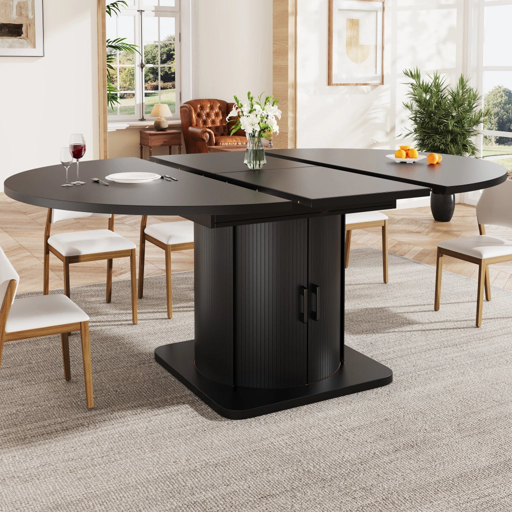 Tavolo da pranzo estensibile a 4 modalità con spazio contenitivo; per cucina e soggiorno; in MDF nero; 118 × 118 × 76 cm