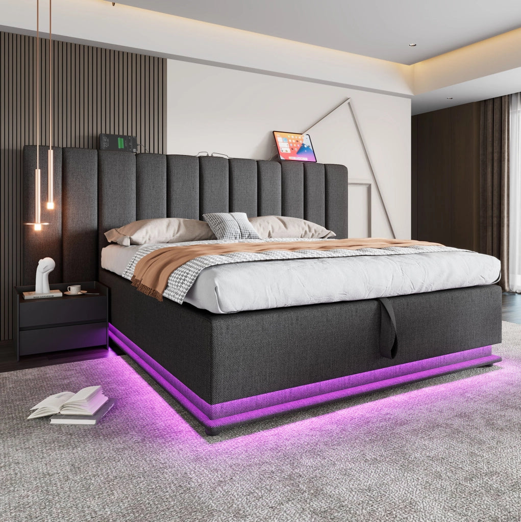 Letto matrimoniale 160x200 cm con contenitore; LED 360掳; ricarica USB e Type-C; grigio in lino