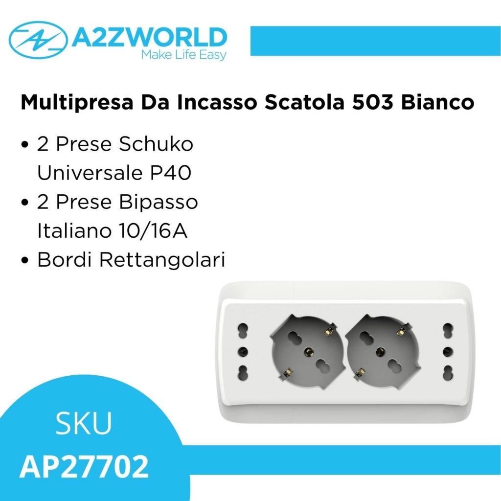 Multipresa Da Incasso Scatola 503 Bianco Opaco, 2 Prese Schuko Universale P40 + 2 Prese Bipasso Italiano 10/16A, 140X80X23mm