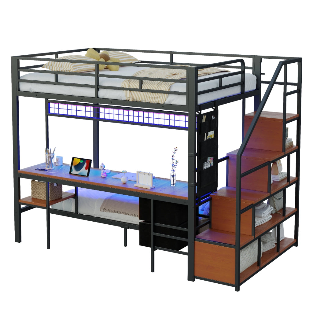 Letto a castello nero con scrivania integrata led e prese elettriche in metallo e legno 140x200 & 90x200 cm