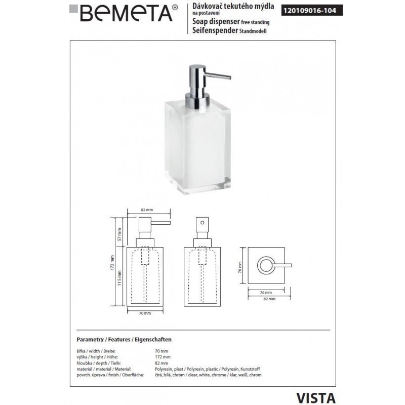 Dispenser Sapone Liquido VISTA Quadrato in Resina Bianca / 250 ml