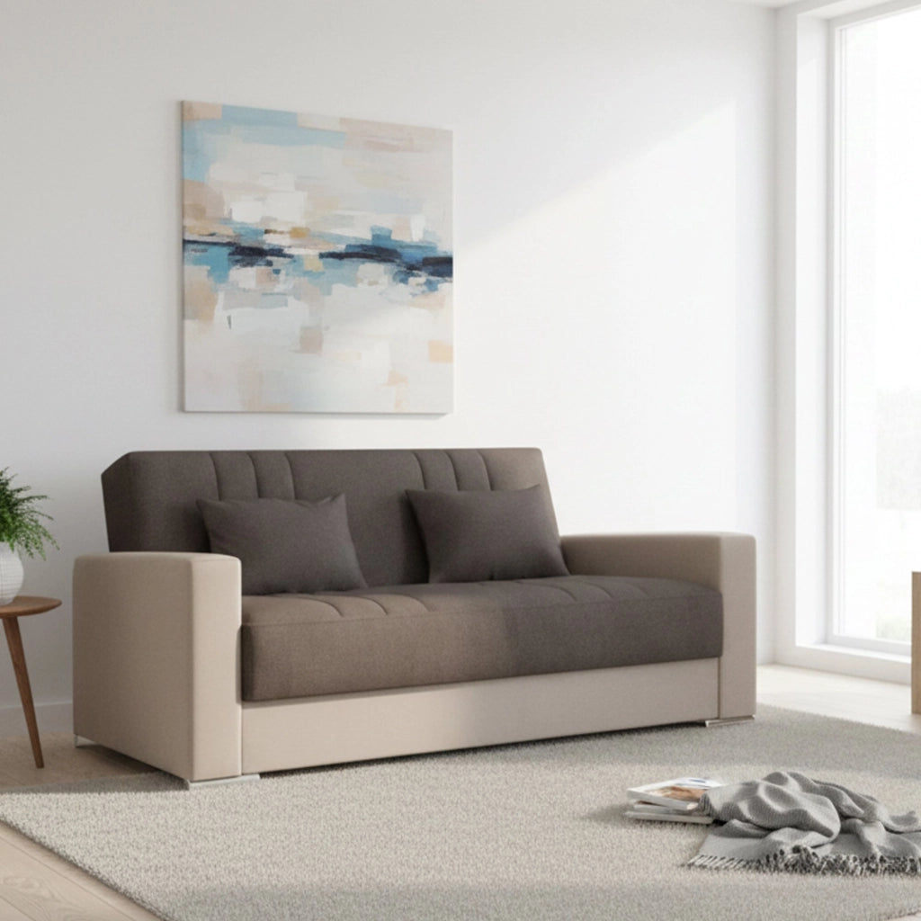 Divano letto Arix, Divano letto contenitore a 3 posti in ecopelle e tessuto, SofÒ  da soggiorno con apertura click-clack e 2 cuscini inclusi, 230 x96h101 cm, Beige e Grigio