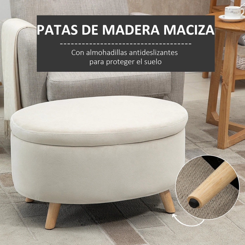 Poltrona Puff con Cassetti ¨C zephmum ¨C 71x51,5x42 cm, Velluto Beige, Gambe in Legno