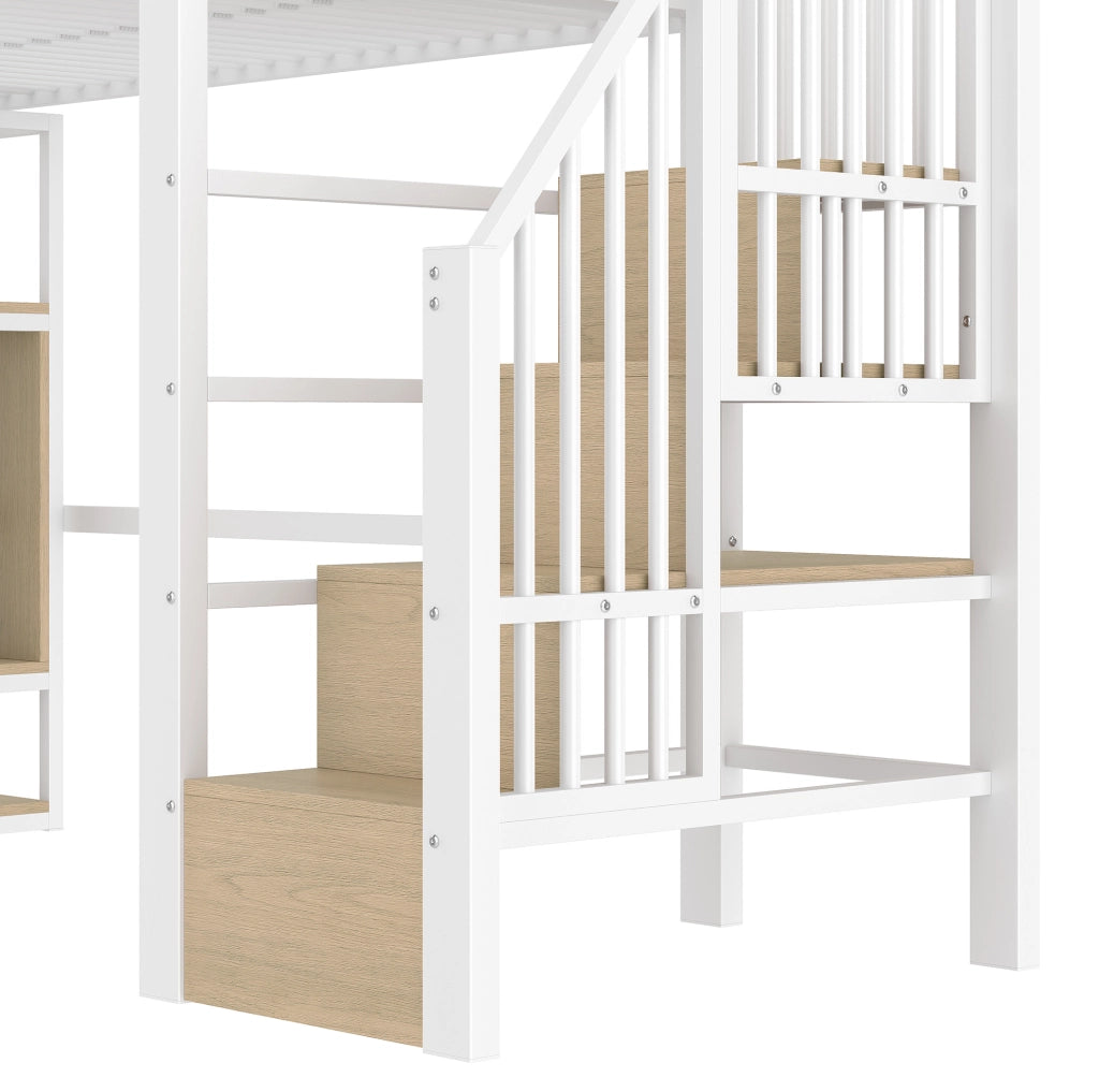 Letto a soppalco 90x200 cm in metallo e MDF; con LED; ripiani integrati; bianco