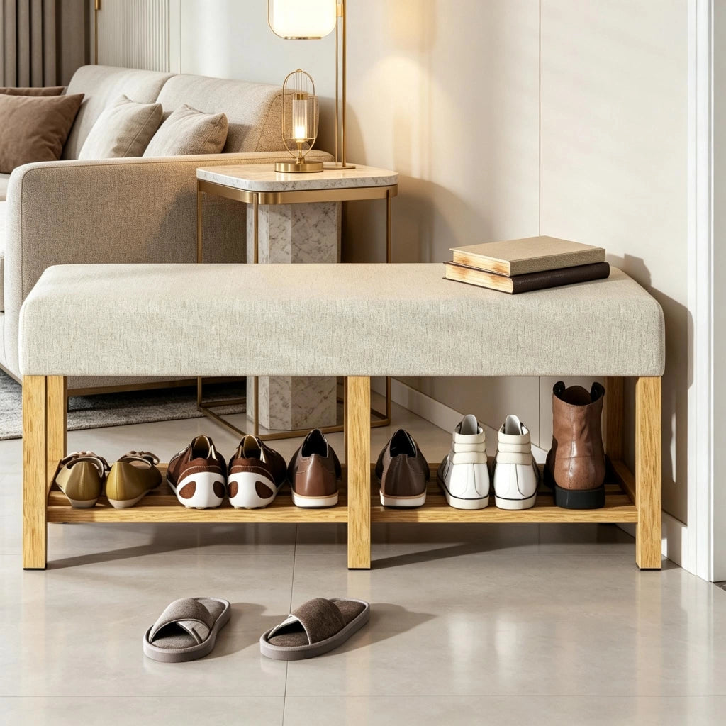 PANCA PORTASCARPE 120 x 44 x 48 cm Beige e Legno Naturale con vano aperto
