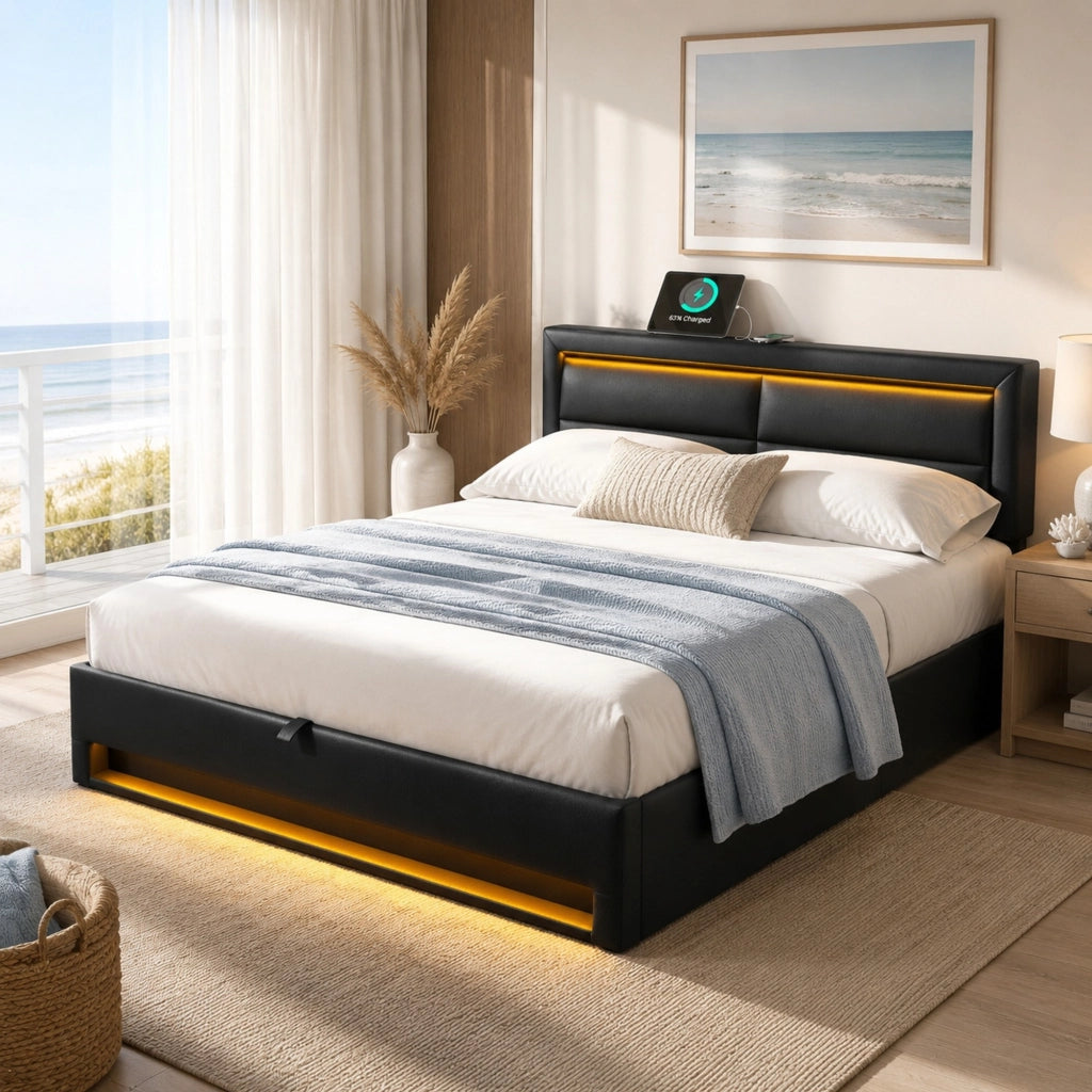 LETTO Imbottito 140x200 cm PU Nero con USB, LED e contenitore