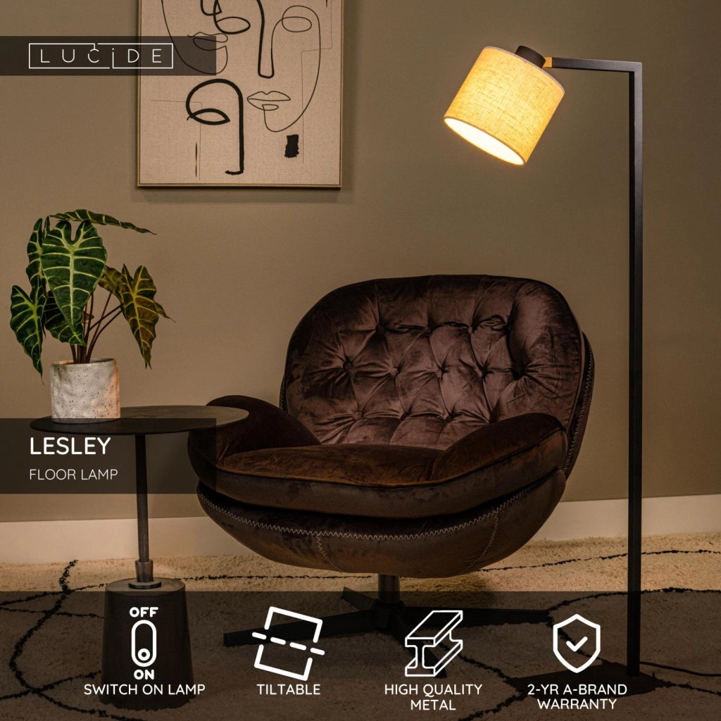 Lampada da terra a gru LESLEY 1xE27 nera/beige Lucide