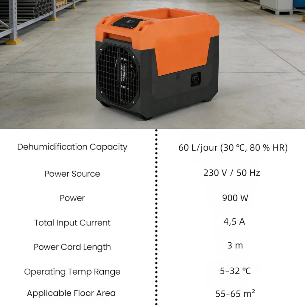 Deumidificatore Commerciale 60 L/Giorno, Deumidificatore Industriale con Ruote, Display LED, Timer 24H, Sbrinamento & Memoria Automatico, Tubo di Scarico, Adatto fino a 167 ㎡ (Arancione)