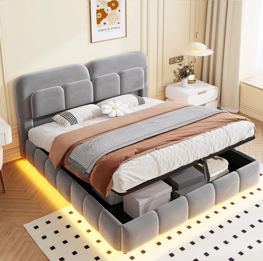 Letto matrimoniale imbottito 140x200 cm in velluto grigio con contenitore idraulico e LED
