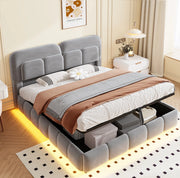 Letto matrimoniale imbottito 140x200 cm in velluto grigio con contenitore idraulico e LED