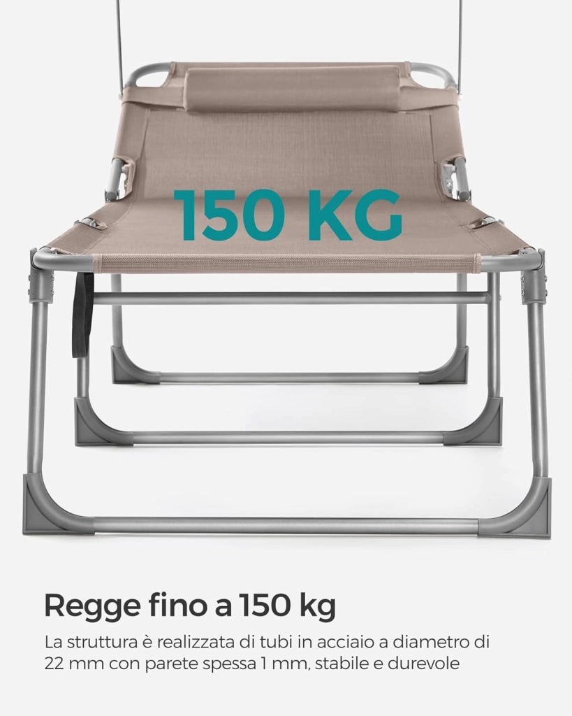 SONGMICS Lettino Prendisole Largo, Sedia a Sdraio Pieghevole, 71 x 200 x 38 cm, Max Portata 150 kg, con Poggiatesta Parasole e Schienale Reclinabile, per Terrazzo Piscina Giardino, Tortora GCB022K01