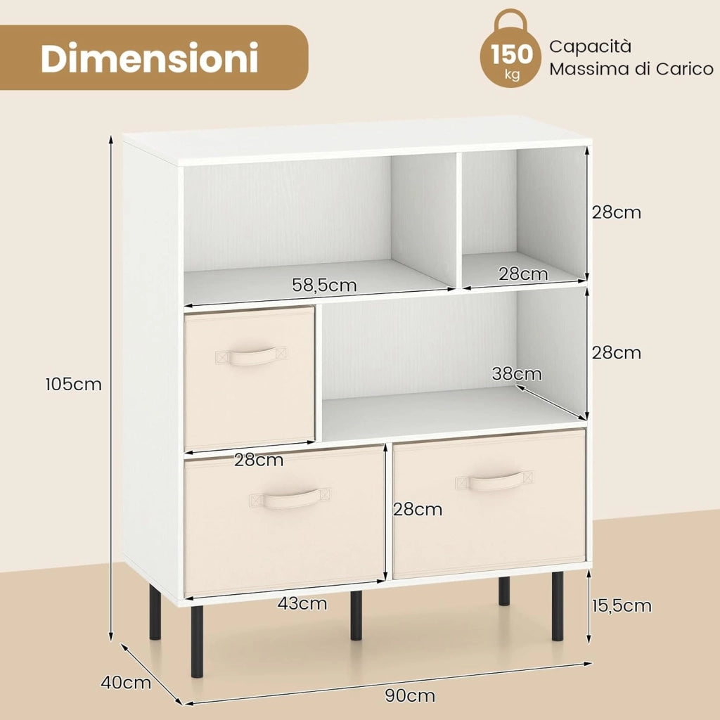 Libreria a 6 Cubi, Scaffale a 3 Livelli con 3 Cassetti in Tessuto Pieghevoli, Organizzatore Autoportante con Gambe in Metallo per Soggiorno, Ufficio, 90 x 40 x 105 cm (Bianco)