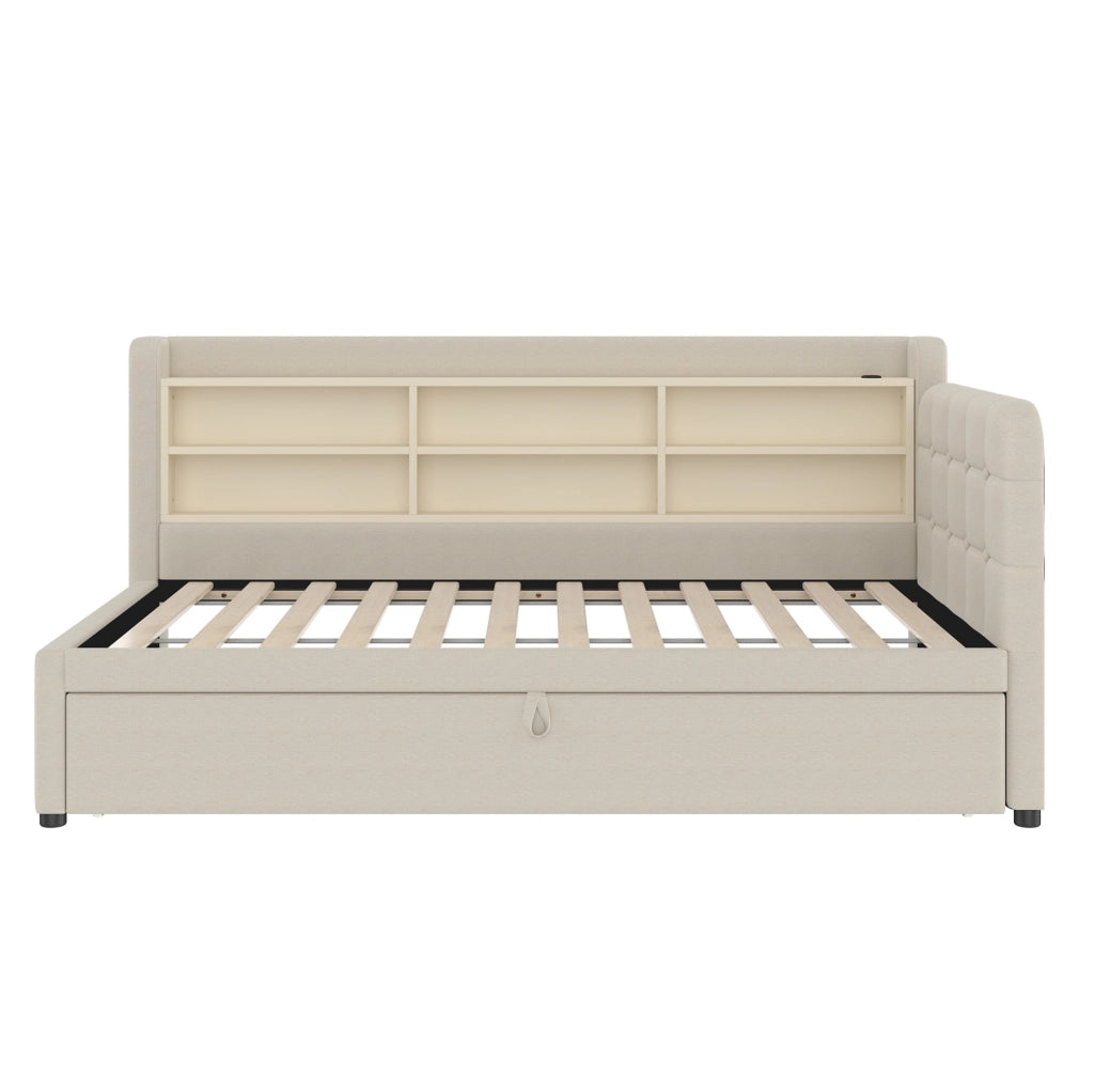 Letto 90x200 cm estraibile con USB e Tipo C; lino beige