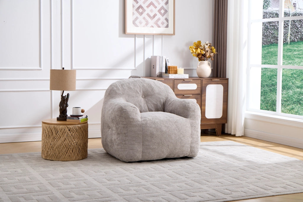 Pouf in pelliccia sintetica con braccioli e imbottitura in schiuma sminuzzata, senza montaggio, grigio chiaro