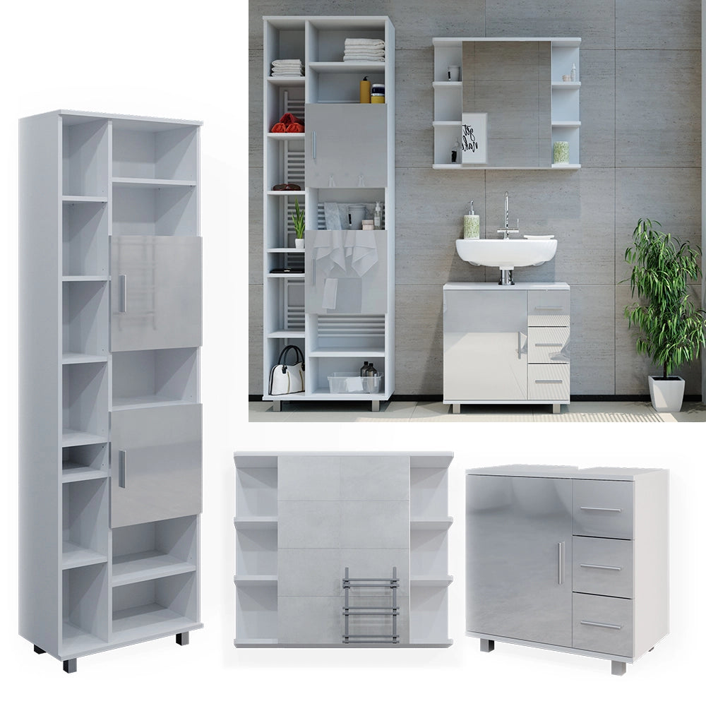 Vicco Set mobili bagno Bianco lucido 3 parti, con armadio alto