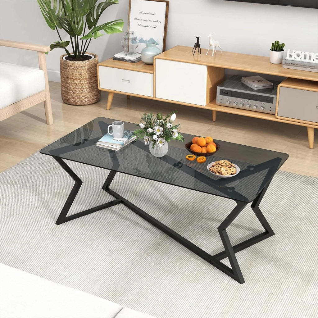 Tavolino da Salotto in Vetro, Tavolino da Caffè Rettangolare con Piano in Vetro Temperato e Struttura Geometrica in Metallo, Tavolo Basso Moderno per Soggiorno, Ufficio e Studio