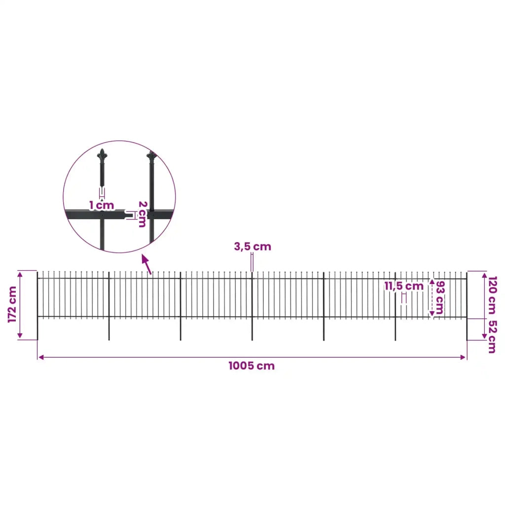 Recinzione da Giardino con Punta a Lancia in Acciaio 1005x120 cm Nero 277625