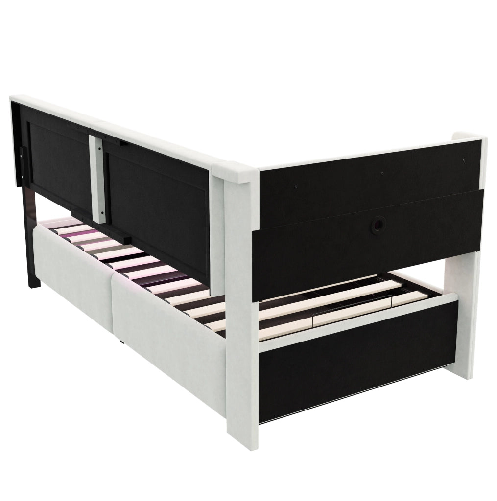 Divano letto imbottito 90x200 cm con LED, USB e contenitore