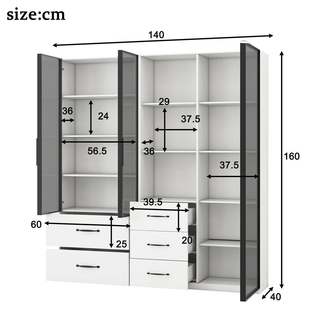 Vetrina LED per libri e multifunzione - Zephmum- 140x40x160 cm - Illuminazione LED multicolore, ante in vetro